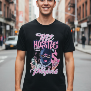 Model wearing the Hustle Playbook Tee on a city street