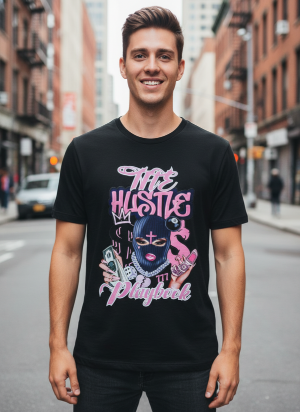 hustle final Model wearing the Hustle Playbook Tee on a city street