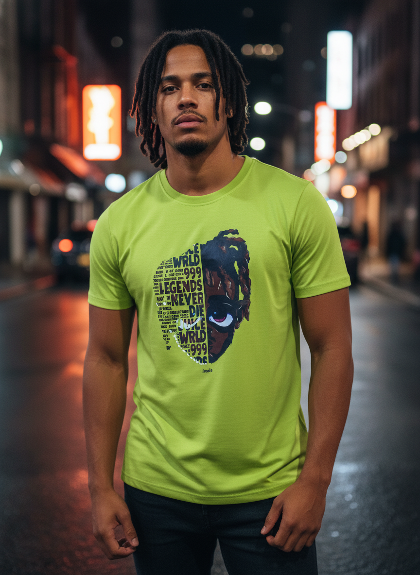 brown boy final Legends Never Die Typography Art Tee – Neon Green Streetwear - Image 1