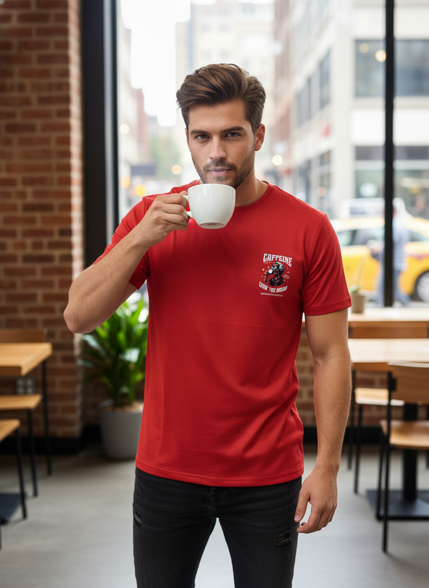 caffeine front final Caffeine – Livin’ the Dream Coffee Lover Tee - Image 1