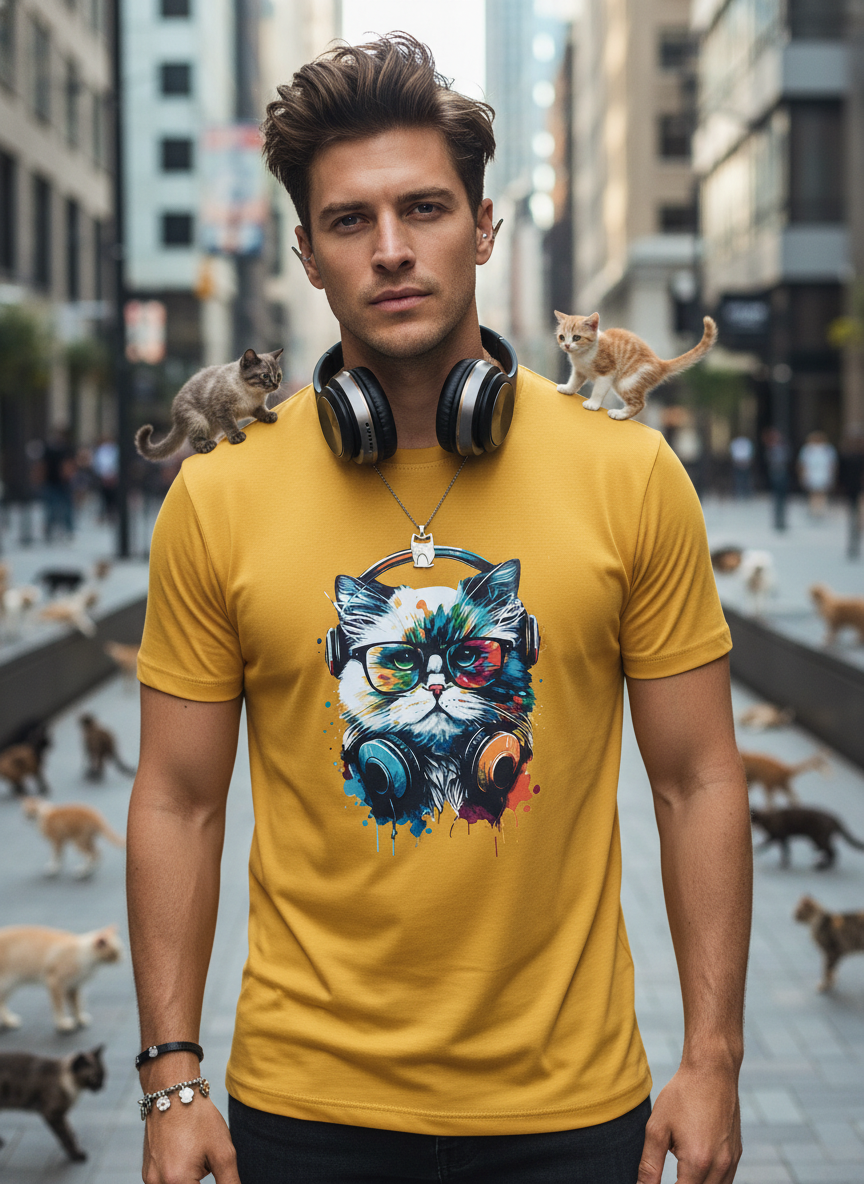 cat final DJ Cat Graphic Tee – Street Style Yellow T-Shirt - Image 1